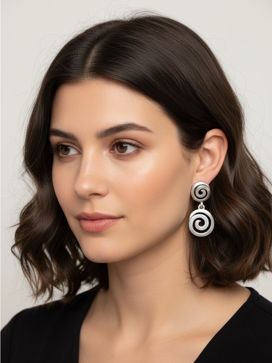 None Jewelry - Vertigo Post Vibe Statement Drop Earrings silver double swirl pierced Uzumaki